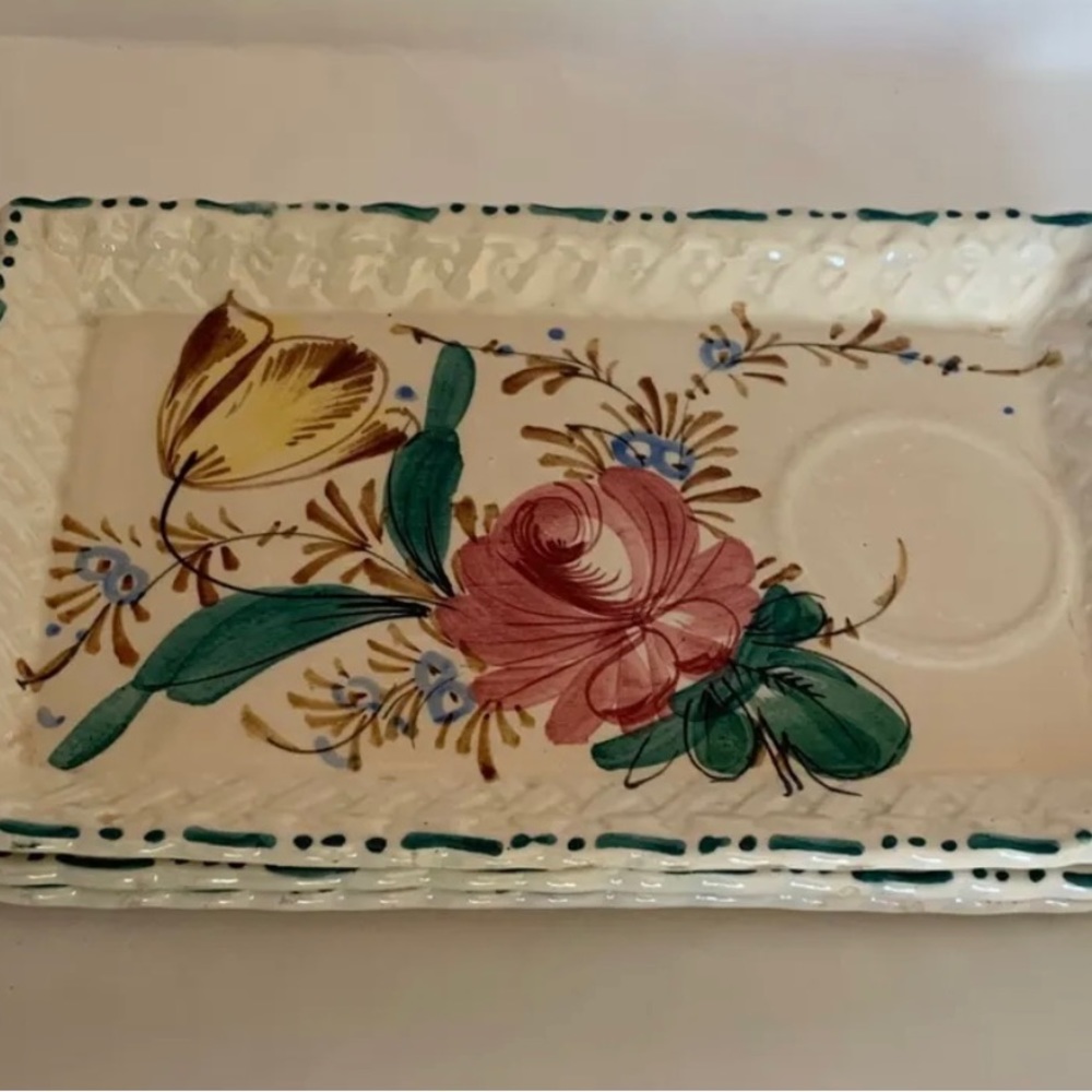3 Vintage Majolica Rose Nove Snack Plates From Italy